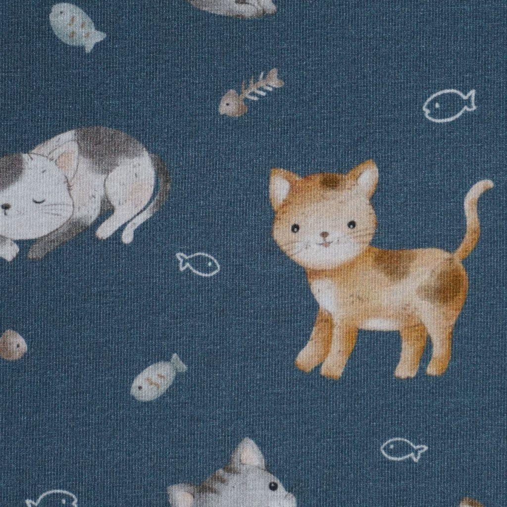 Baumwolljersey Katzen auf jeansblau – FVJ